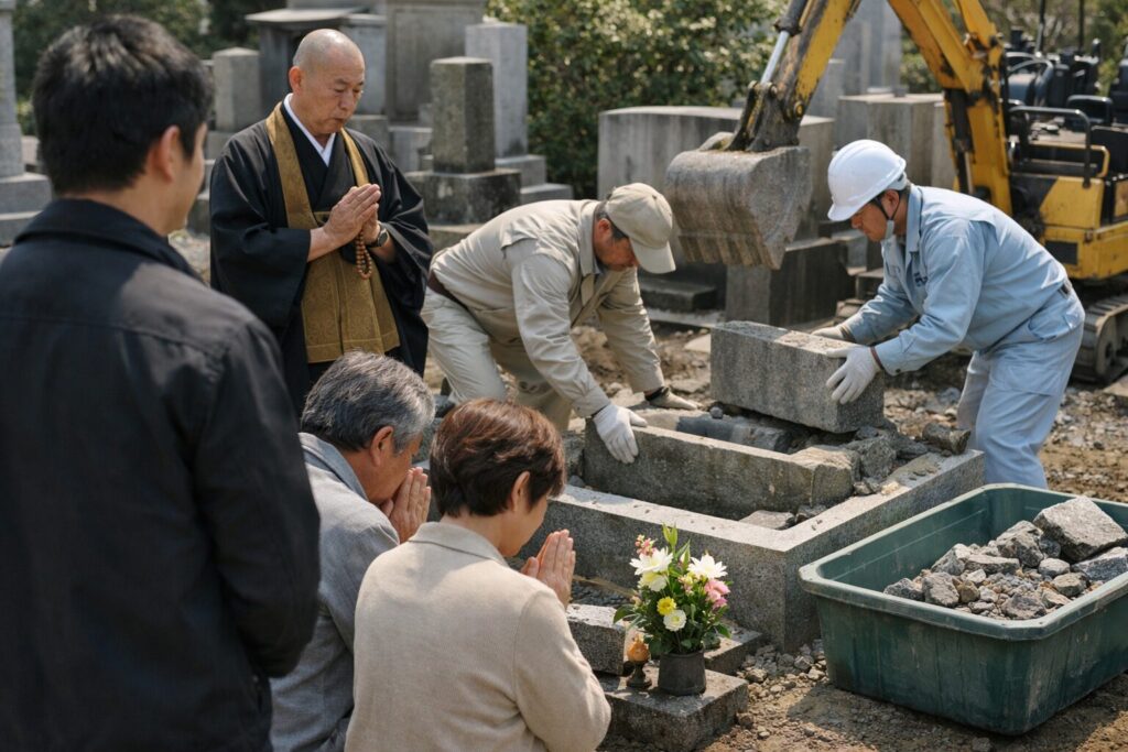 日本人男性が墓じまいの漢字を確認