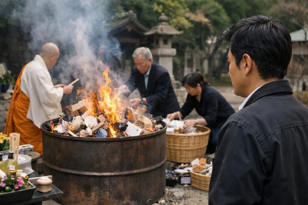 日本人男性が焚き上げを見守る静かな様子