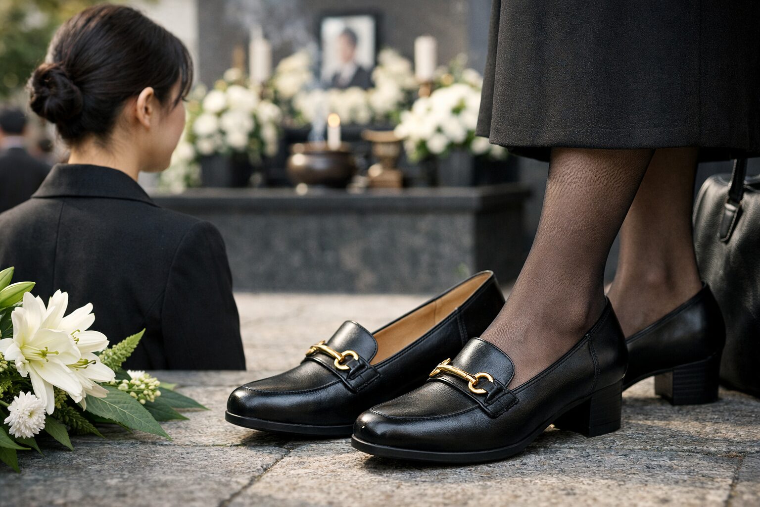 日本人女性が葬儀で履く靴の金具