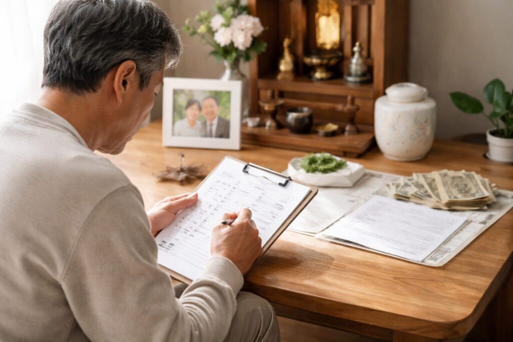 日本人男性が親の終活リストを整える様子