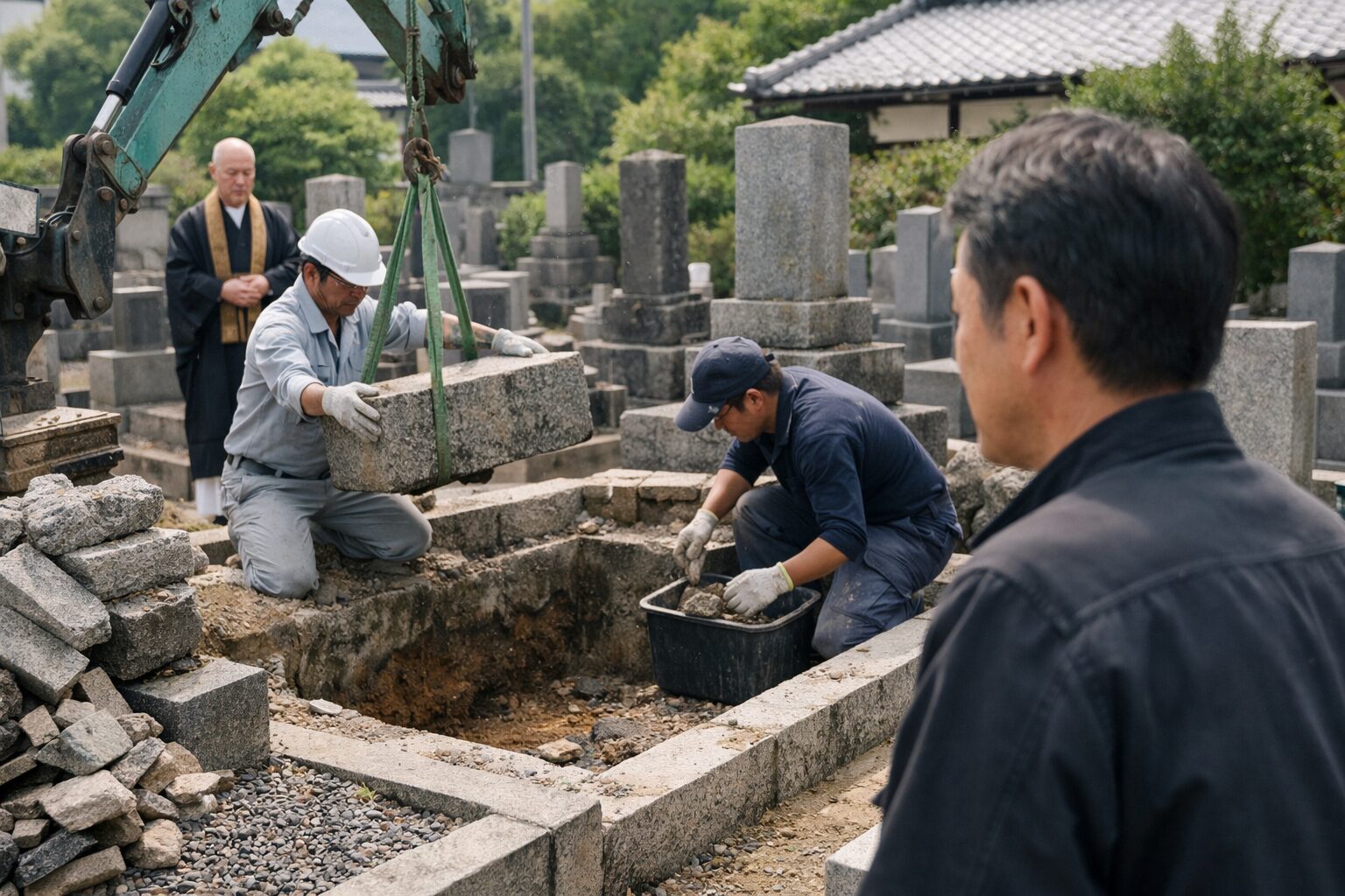 墓じまいで日本人男性が菩提寺に供養する様子