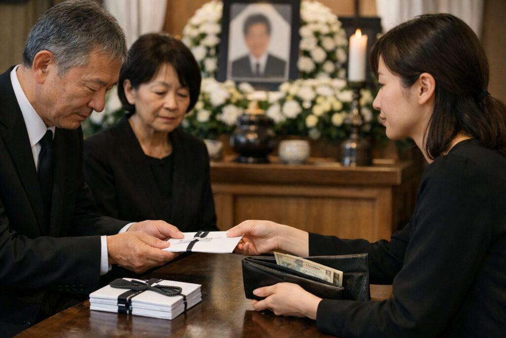 香典立替を説明する日本人男性の様子
