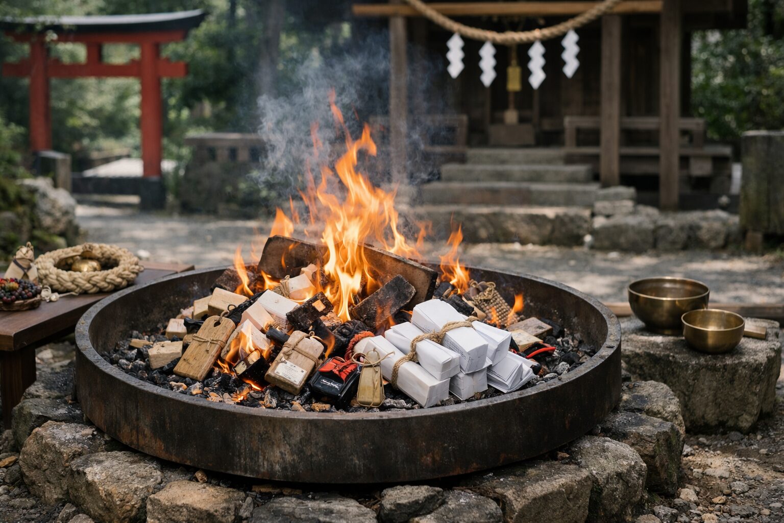 焚き上げの炎が静かに揺れる場面