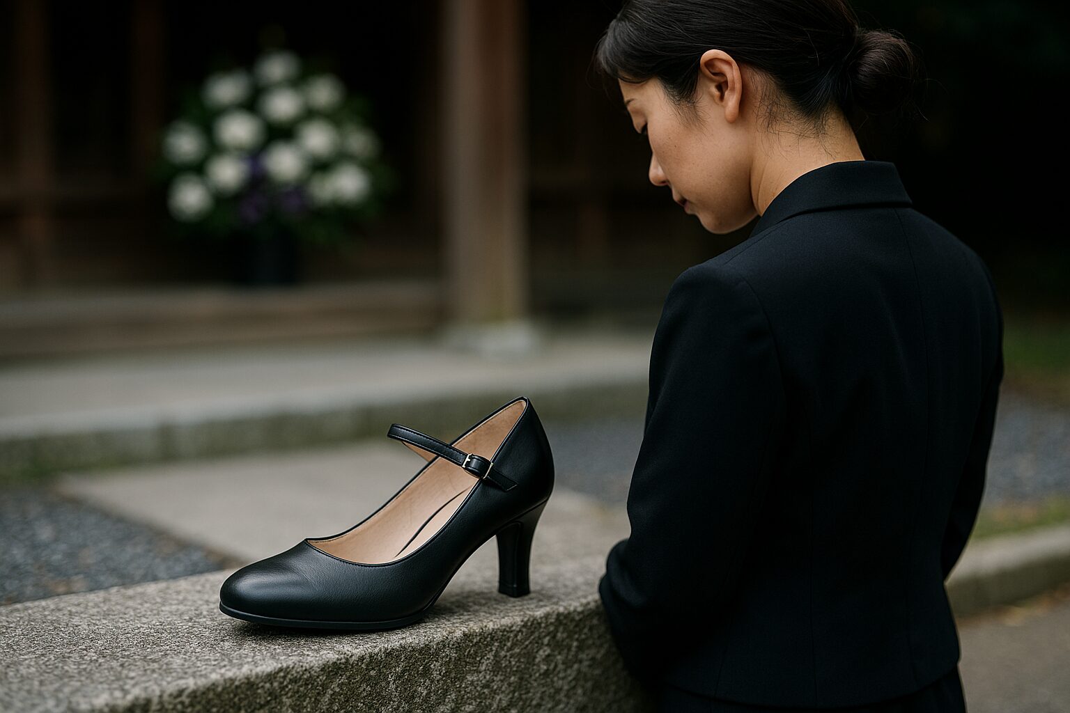 日本人女性が葬式向けパンプスのストラップを整える
