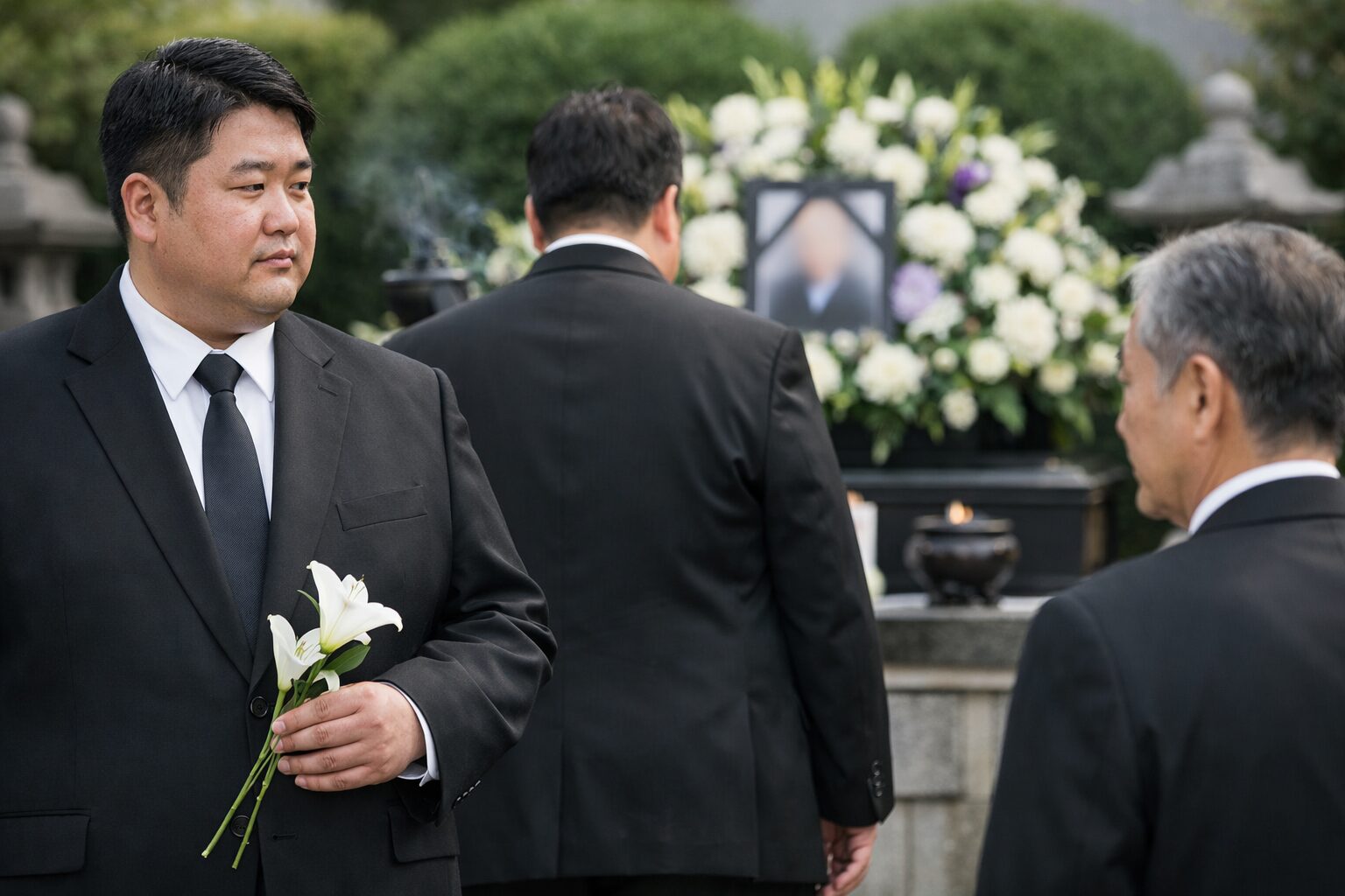 日本人男性が着用する大きいサイズ喪服の黒色