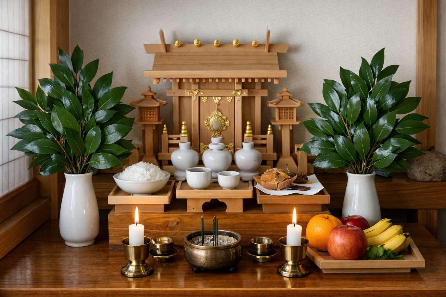榊を丁寧に供える基本配置