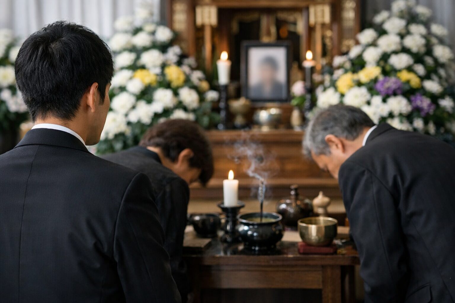 葬式で日本人男性が感謝を言わない場面
