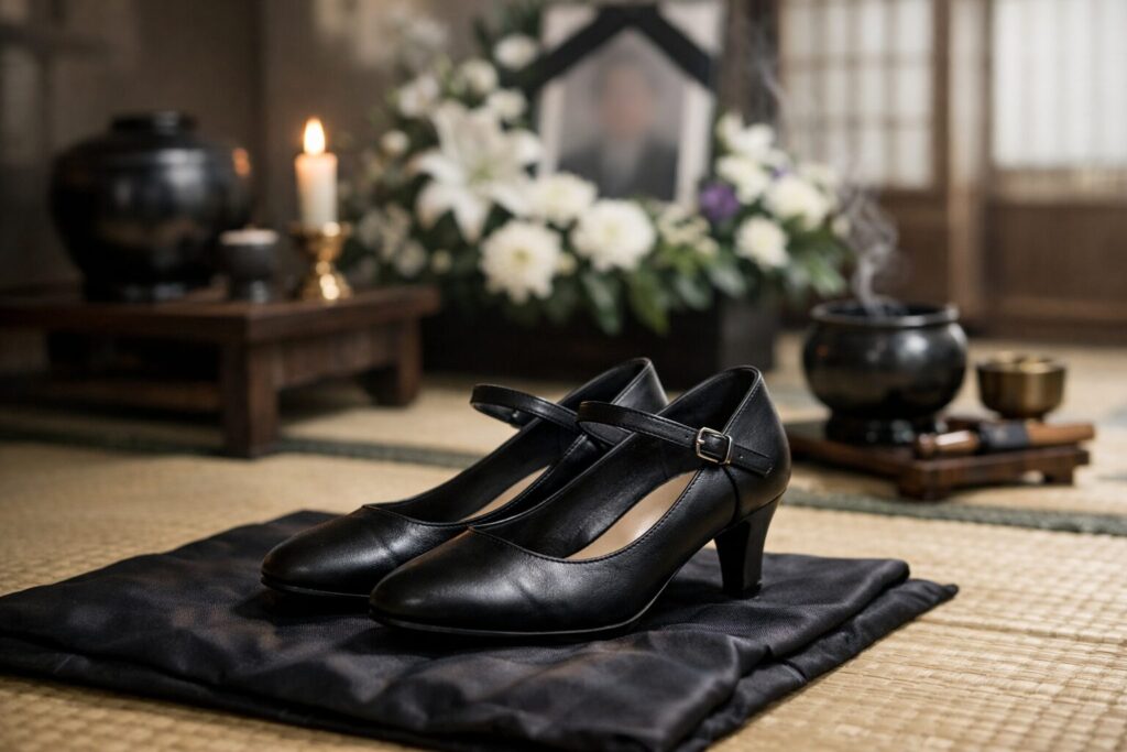 葬式向けストラップ付きパンプス
