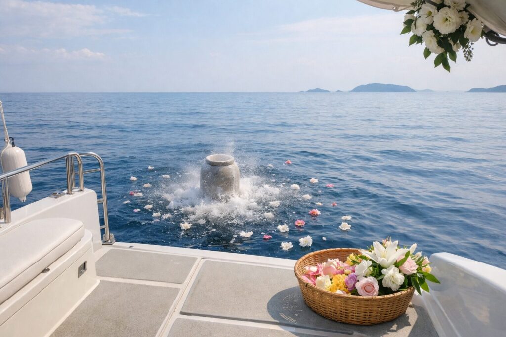 海外の海で行う海洋散骨の様子