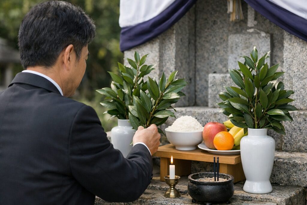 日本人男性が榊を丁寧に供える様子