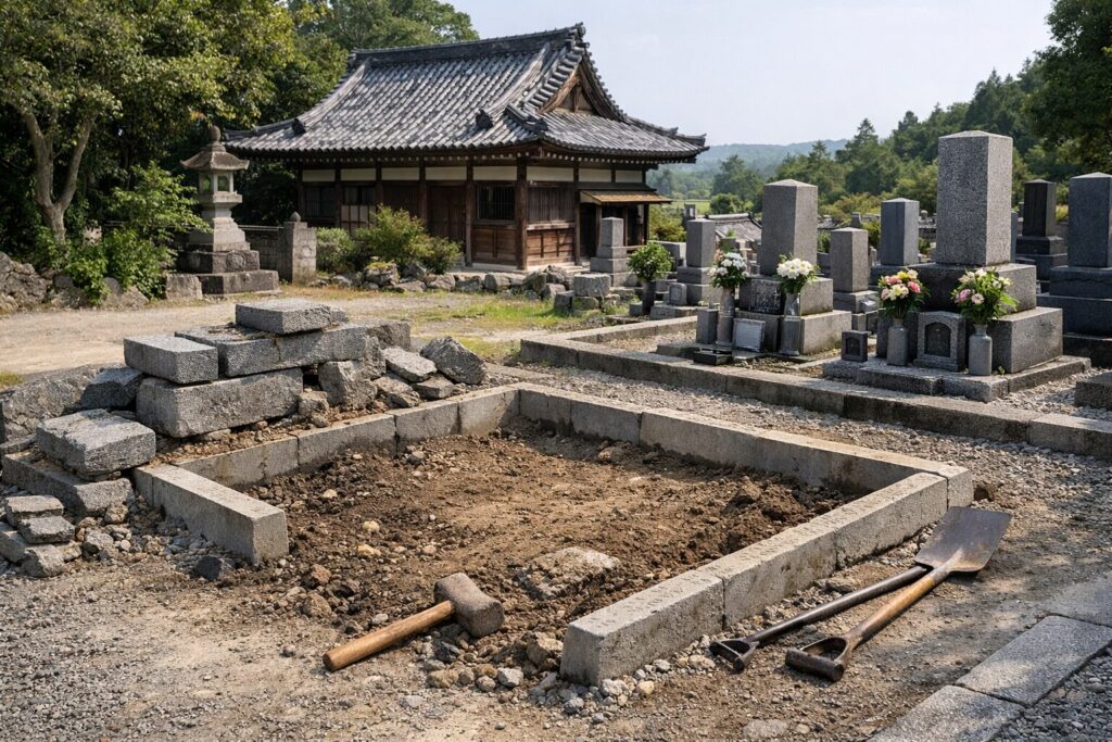 墓じまいで菩提寺へ供養を行う場面