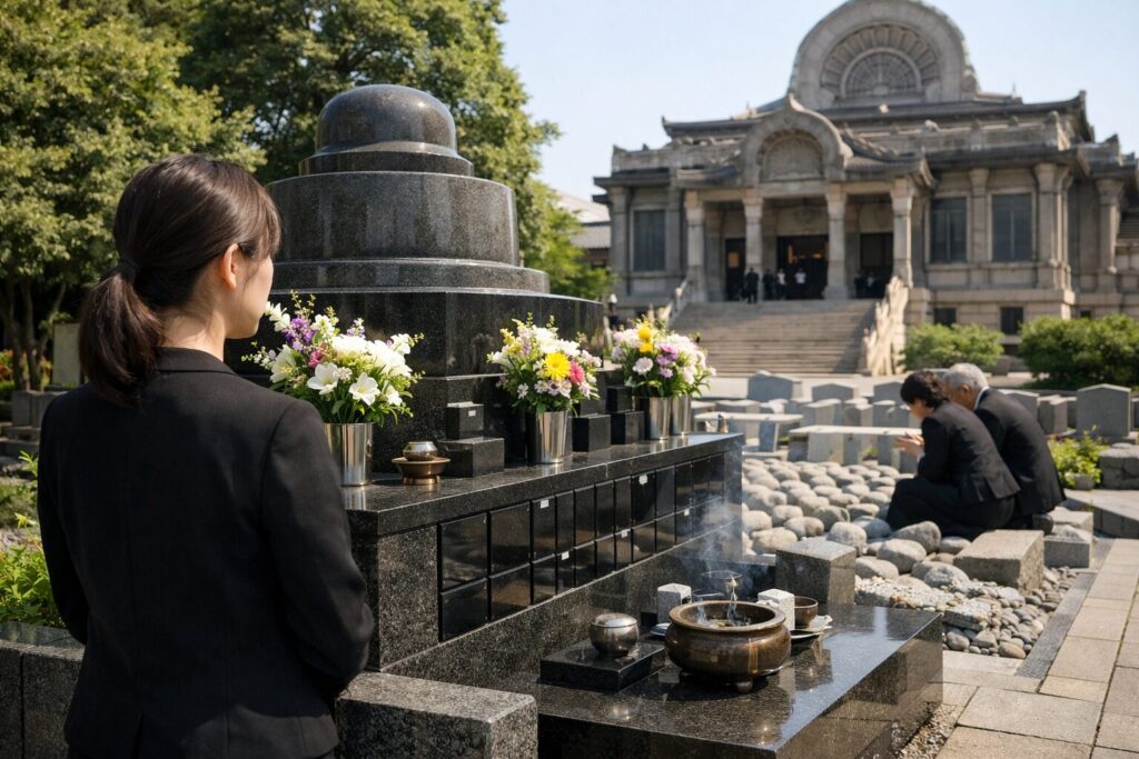 築地本願寺合同墓の費用を確認する日本人女性