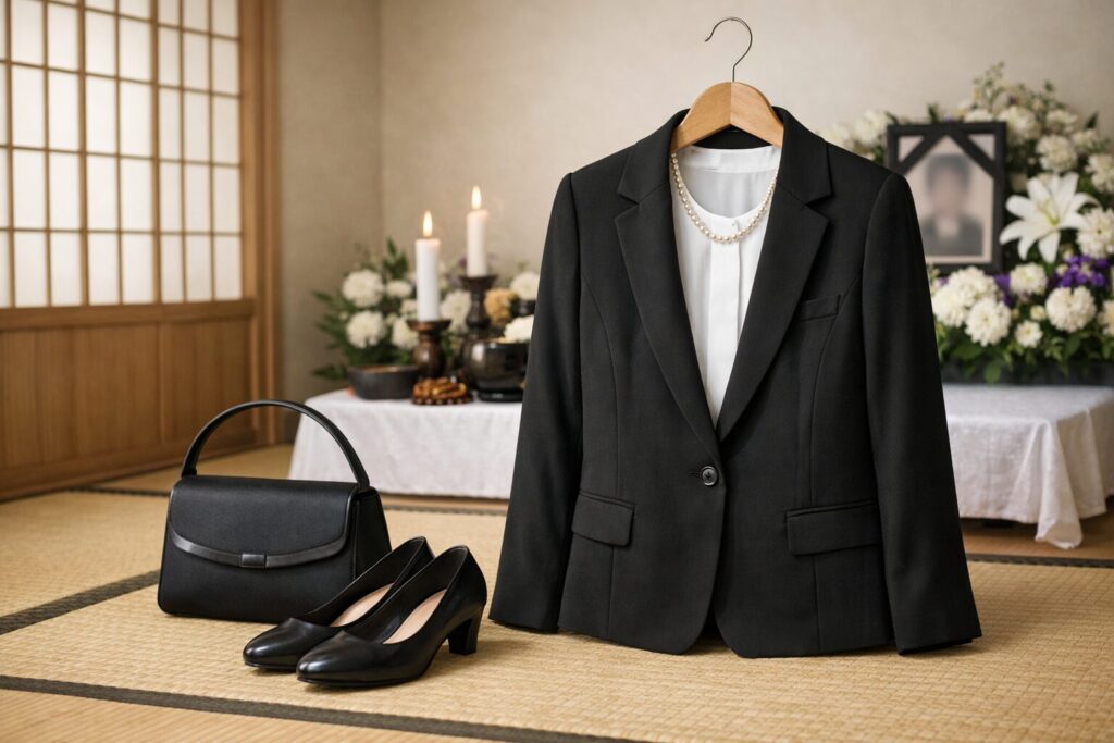 黒スーツに白ブラウスの葬儀用装い