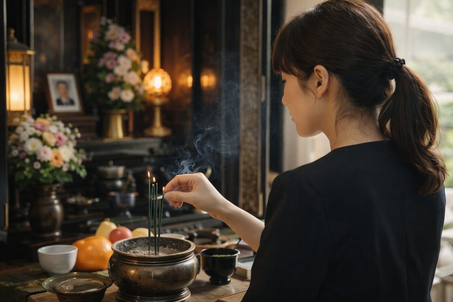日本人女性が線香あげに行く落ち着いた供養場面