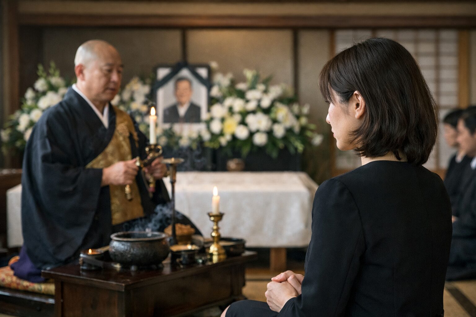 葬式で日本人女性導師が読経する様子