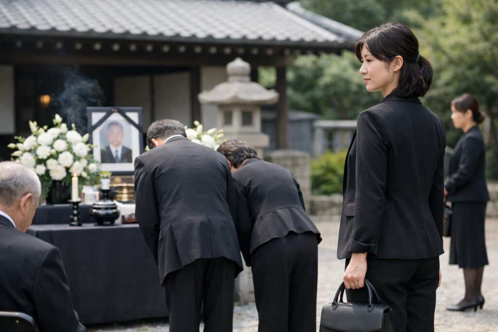 日本人女性のしまむら喪服パンツコーデ