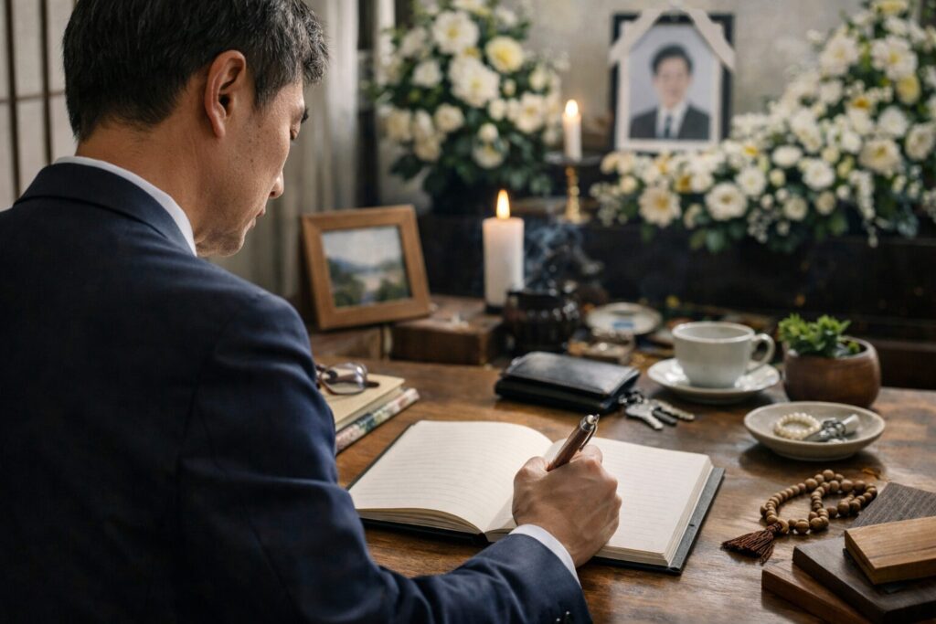 セリアの終活ノートを持つ日本人男性