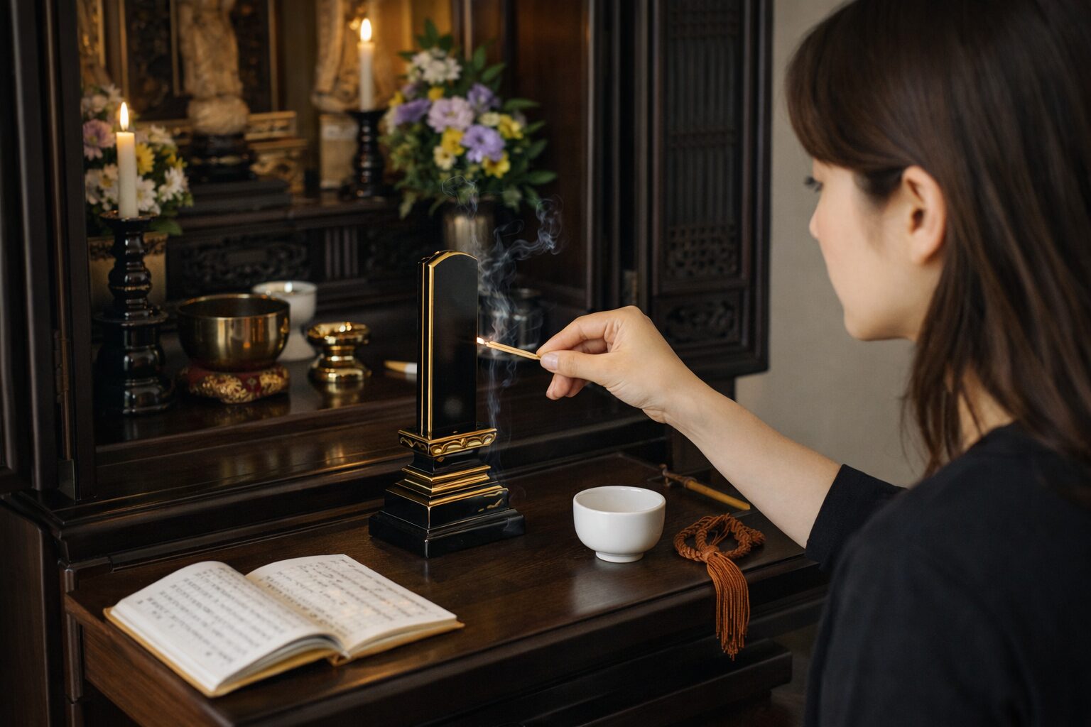 日本人女性が位牌の魂抜きを自分で整える様子
