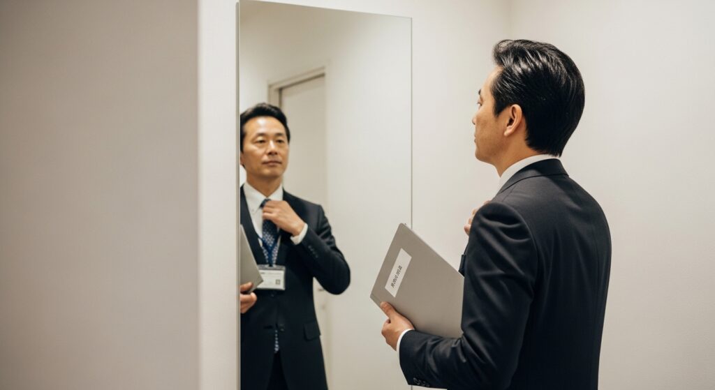 喪服を着た日本人男性の黒スーツ姿を鏡で確認する