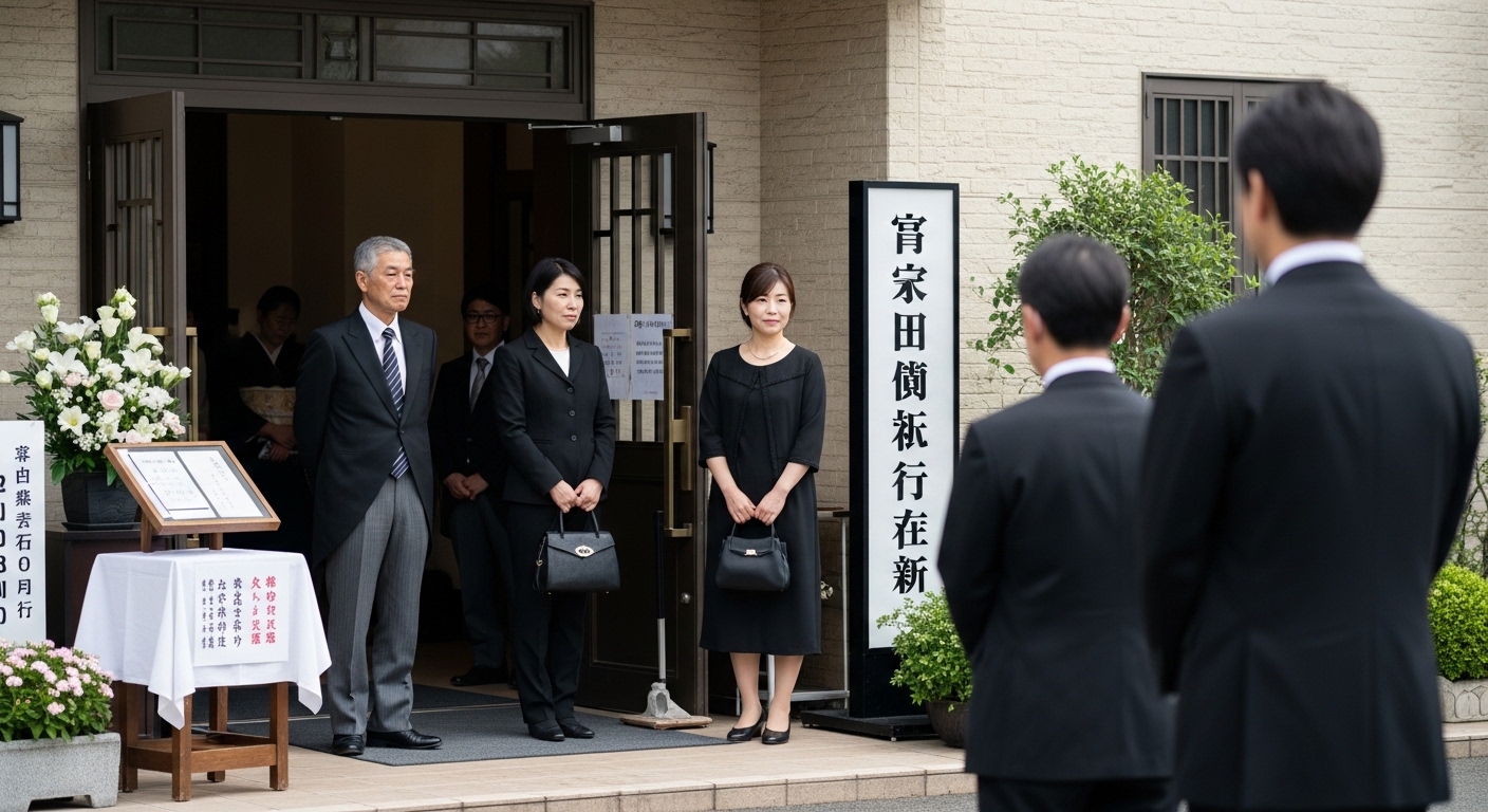 喪服を着た日本人男性の黒スーツ姿