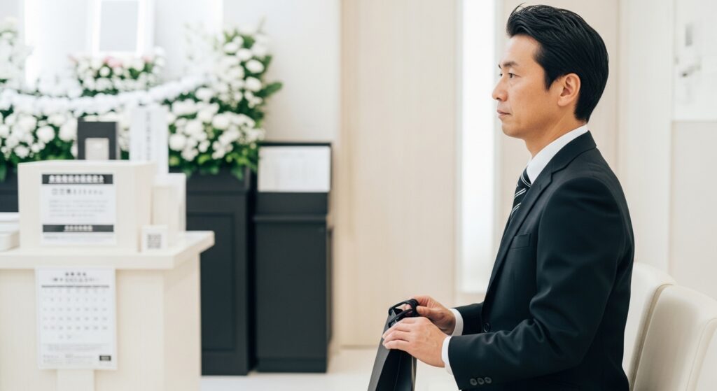 喪服パンツスーツを着た日本人男性の落ち着いた装い