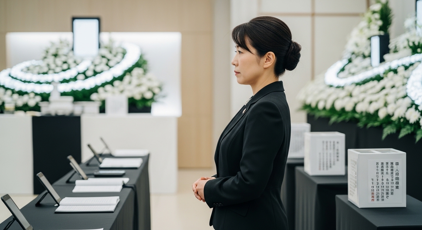 喪服パンツスーツを着た日本人女性の端正なスタイル