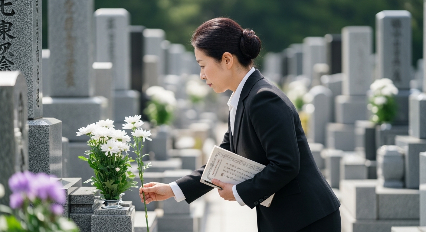 日本人女性の黒スーツと白ブラウスの葬儀装い