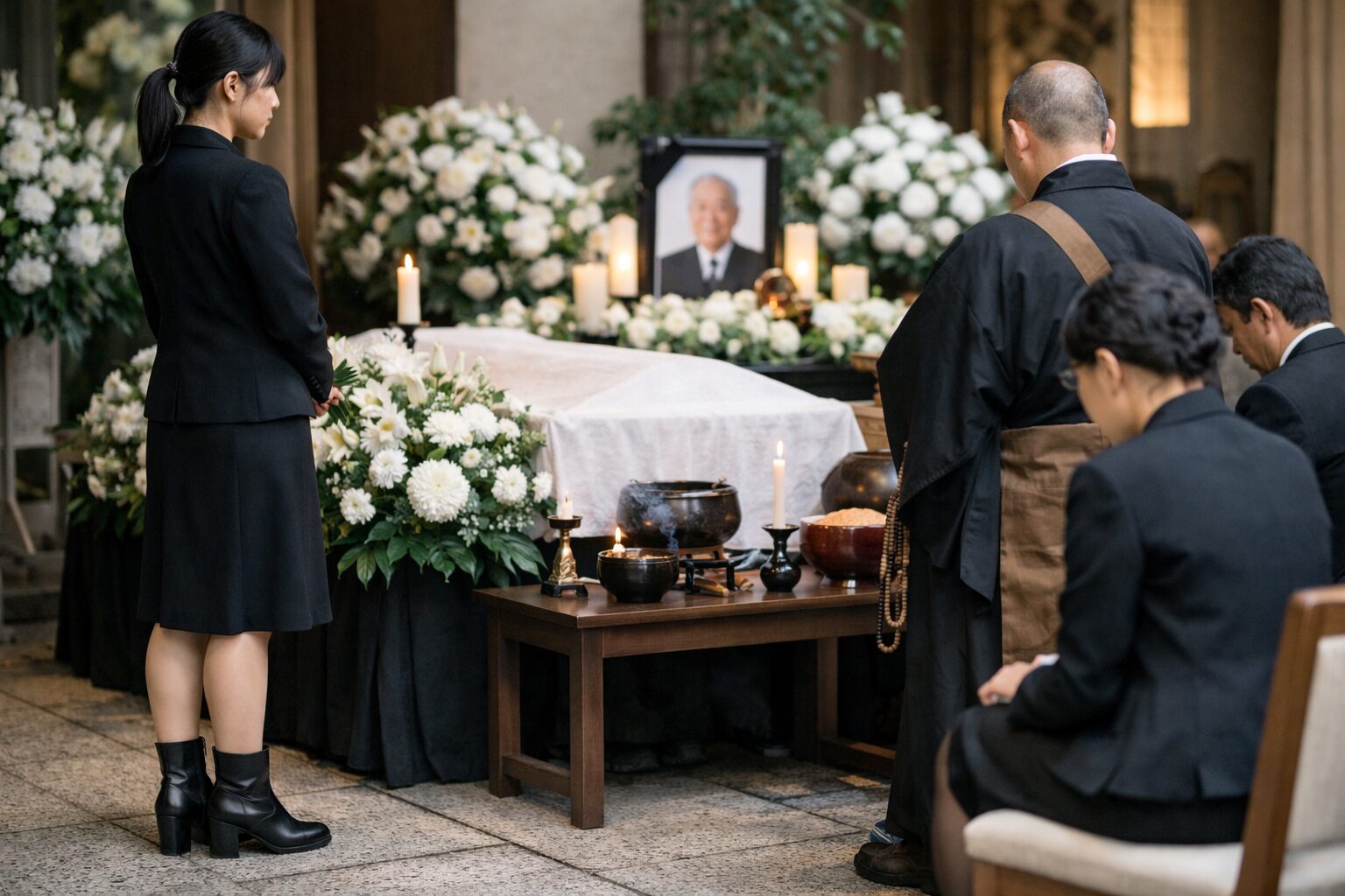葬儀で黒いブーツを履く日本人女性