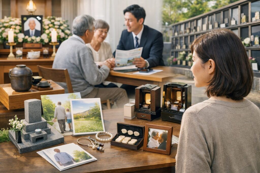 終活サービス内容を確認する日本人女性のメモ