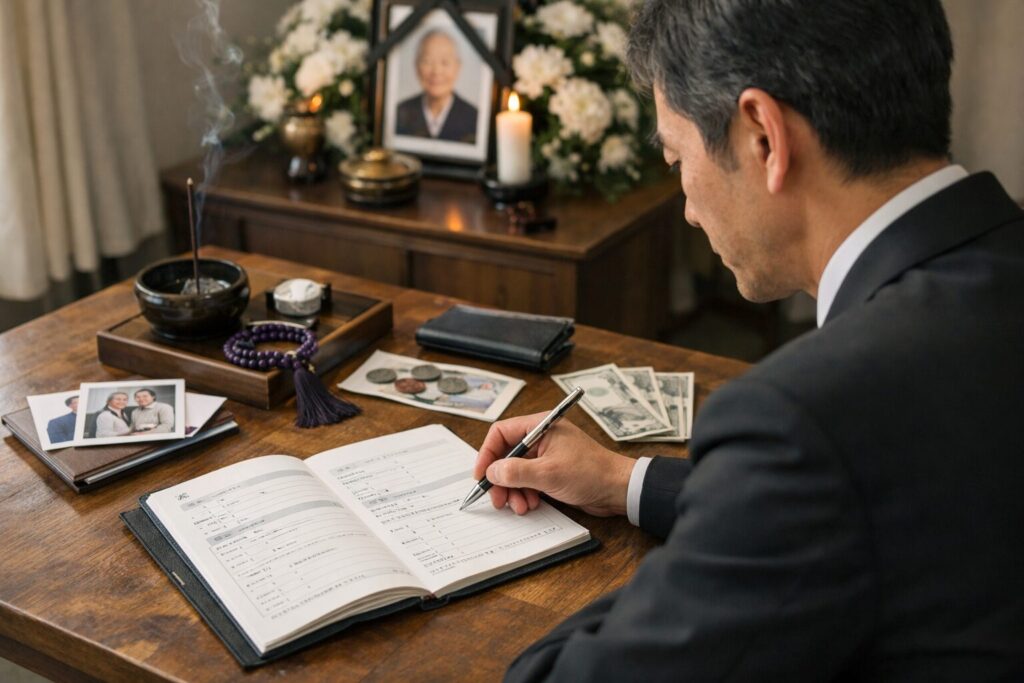 日本人男性が100均の終活ノートを整理する様子