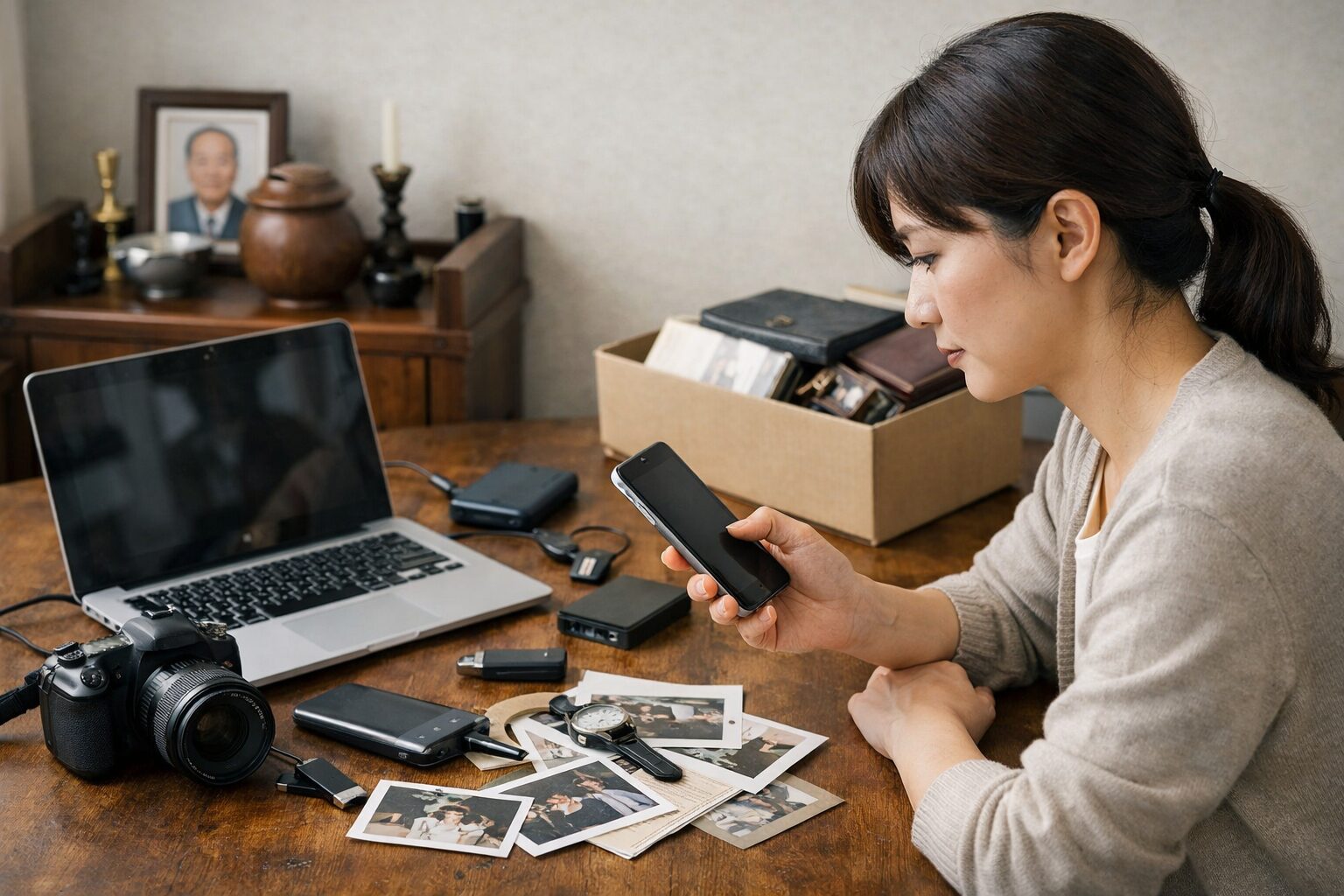 日本人女性がデジタル遺品を確認する様子
