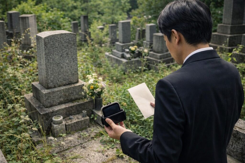 墓地で管理費説明を見る日本人男性