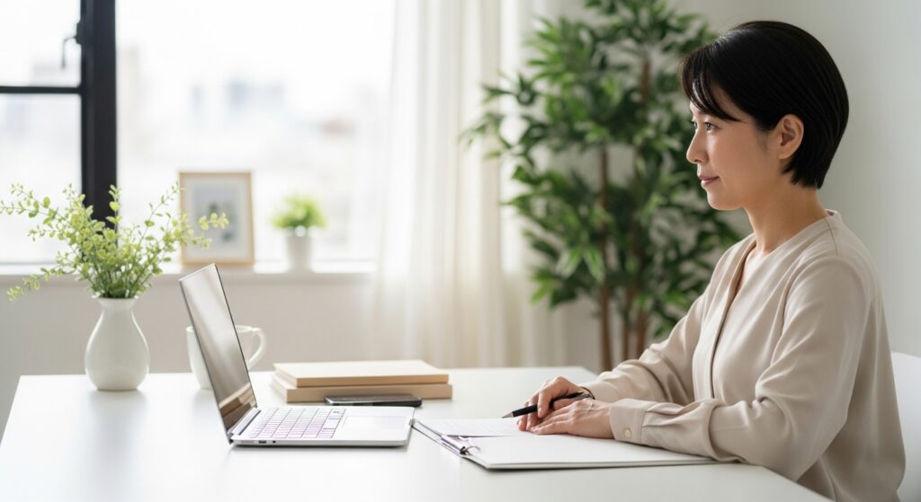 日本人女性が墓所案内の手紙を書く様子