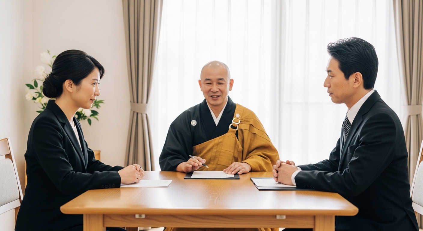 読経する日本人男性の僧侶派遣場面