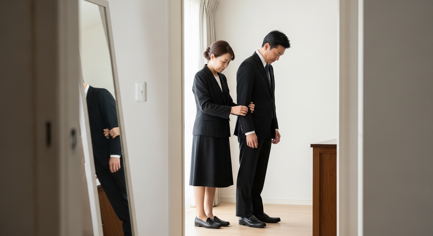 日本人男性の葬式用ローファーの着用例