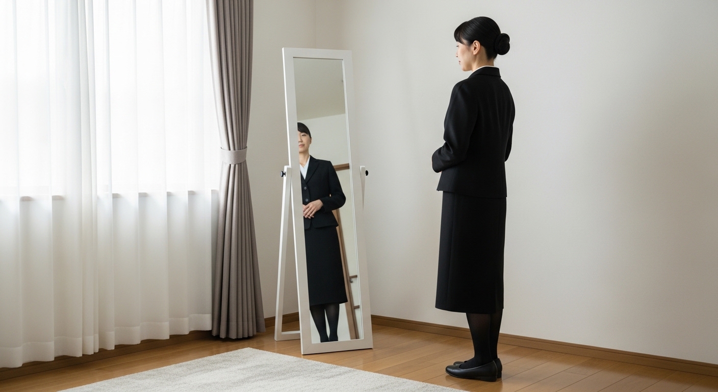 葬式に合う靴を選ぶ日本人女性の装い