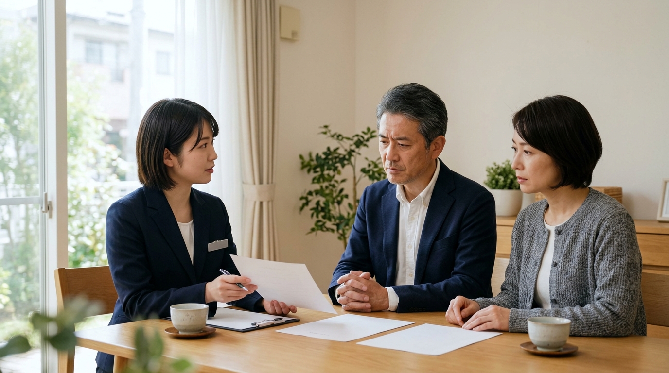 きずなの会は怪しいのかを調べるため、男性が認定NPO法人の契約内容やサポート体制を真剣に確認している場面