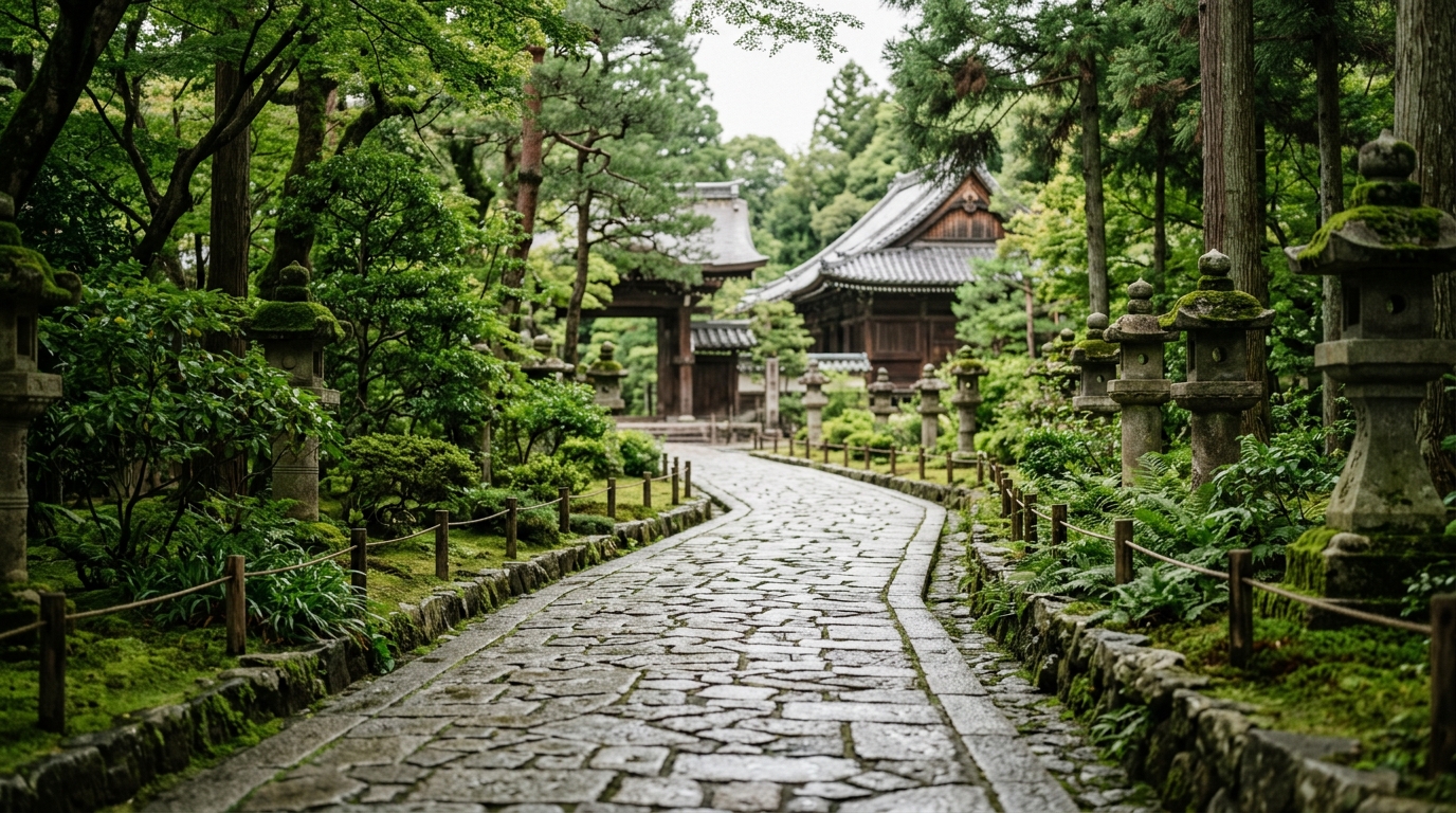 大谷本廟の納骨服装にふさわしい厳かな雰囲気を感じさせる寺院や参道をイメージした風景写真