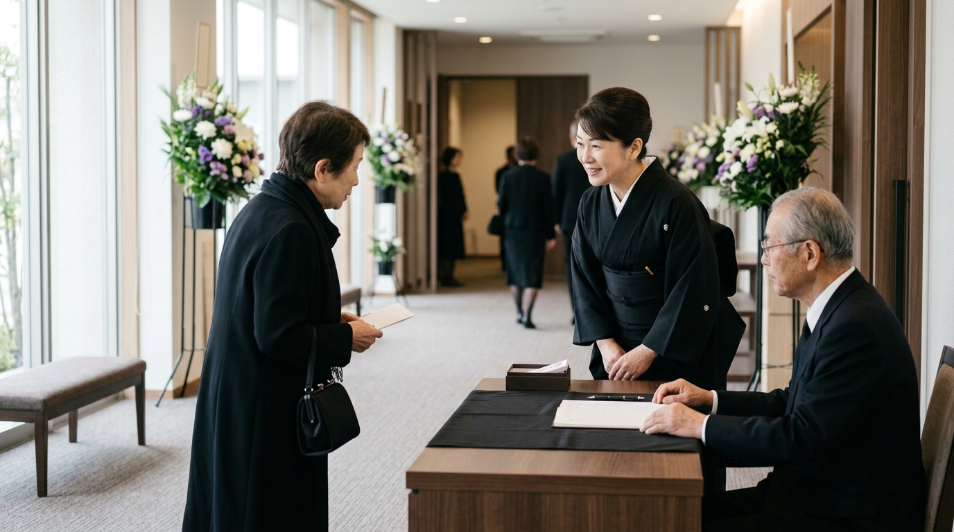 当家とは何かを確認しながら、式場で焼香案内を行う女性参列者と厳かな葬儀の場面