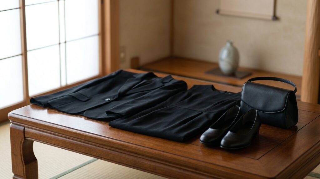 アベイルで急ぎの礼服準備を検討する人向けに、木製テーブルに並べられたフォーマルスーツと小物のイメージ