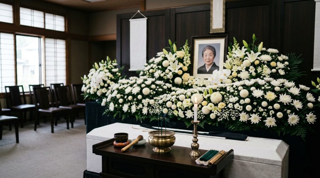 当家とは何かを解説するための日本の葬儀祭壇と厳かなセレモニー会場の様子