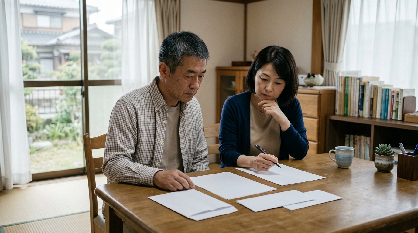 墓じまい同意書を確認する日本人男性