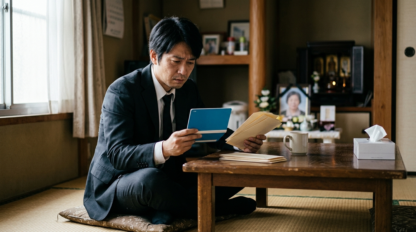 相続放棄と葬儀費用の関係について、書類と費用を確認しながら悩む男性を表現したイメージ画像