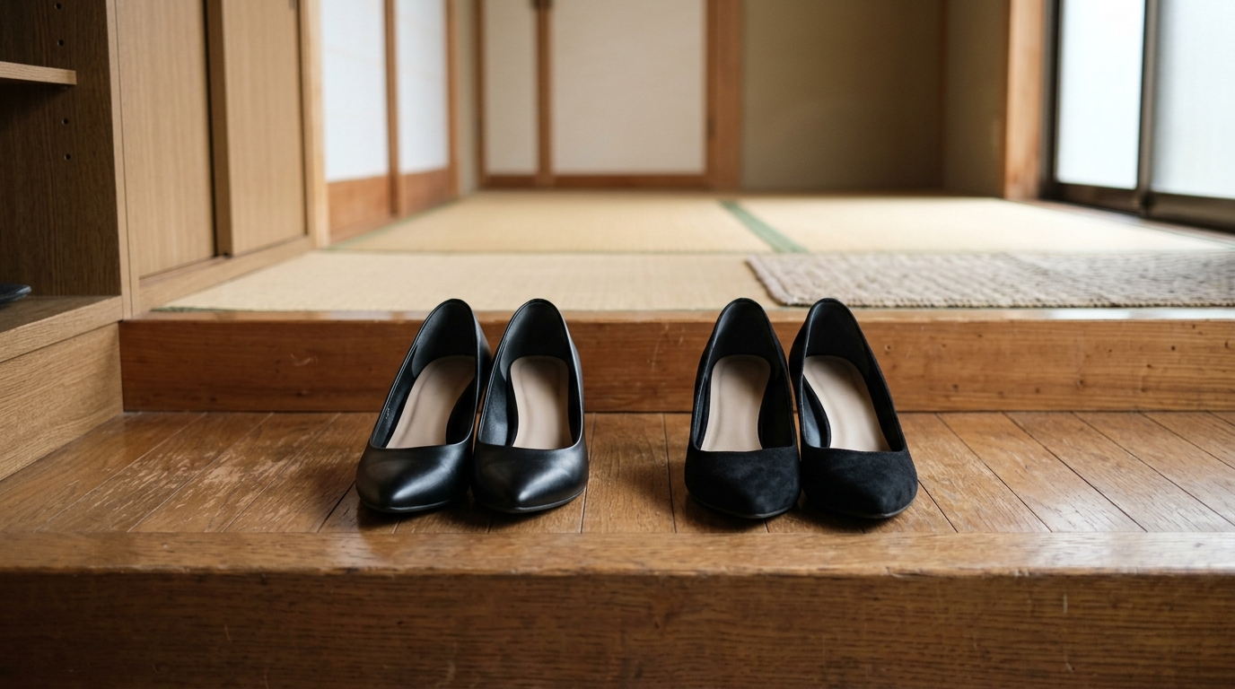 喪服用パンプスが整然と並ぶ玄関空間で、セレモニーの足元マナーや落ち着いた雰囲気を感じる静かな場面