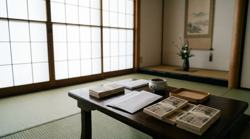白い封筒と現金を並べた相続放棄と葬儀費用の関係を表すイメージ画像
