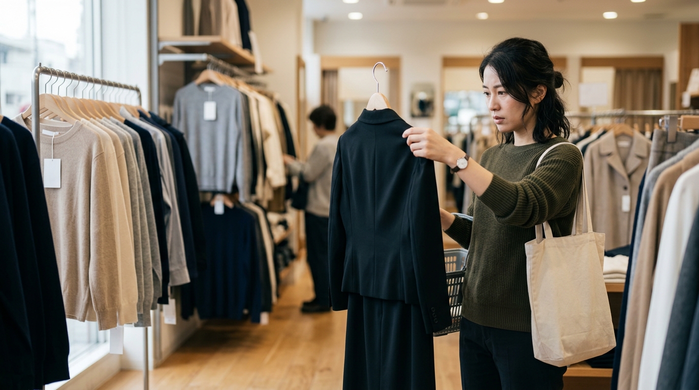 急なセレモニー準備のためにアベイルで礼服を選ぶ女性が、フォーマル小物を丁寧に見比べている場面