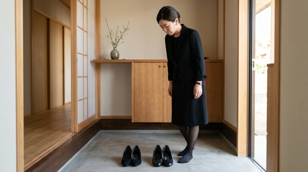 喪服に合わせるパンプス選びで、玄関で黒い靴を確認しながら足元マナーを意識する女性の様子
