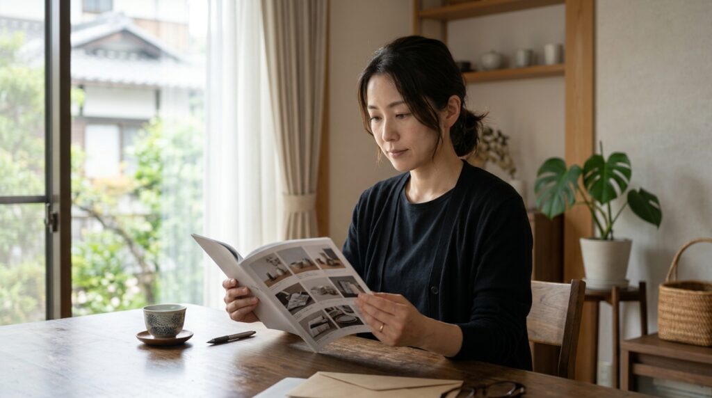 香典返しカタログを見る日本人女性