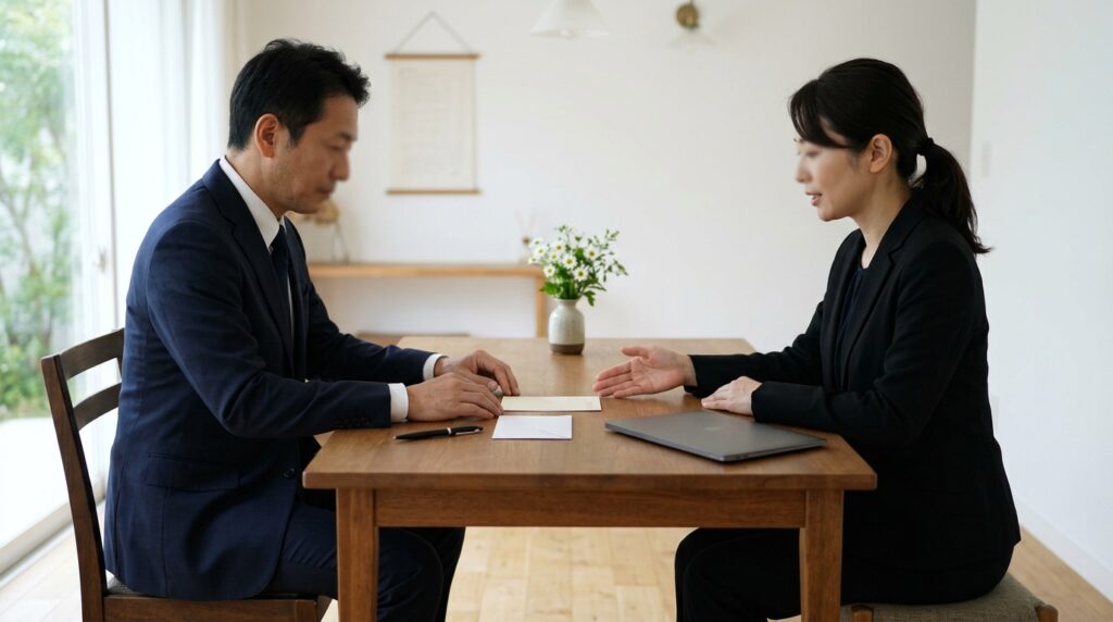 社葬案内状への返信方法や返信はがきの記入マナーについて確認する様子を表すイメージ画像