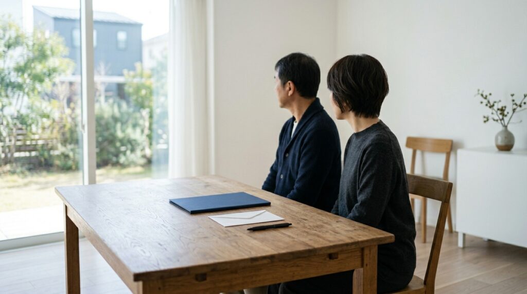 小さなお葬式とよりそうお葬式の比較について夫婦が相談しながら検討している様子を表すイメージ画像